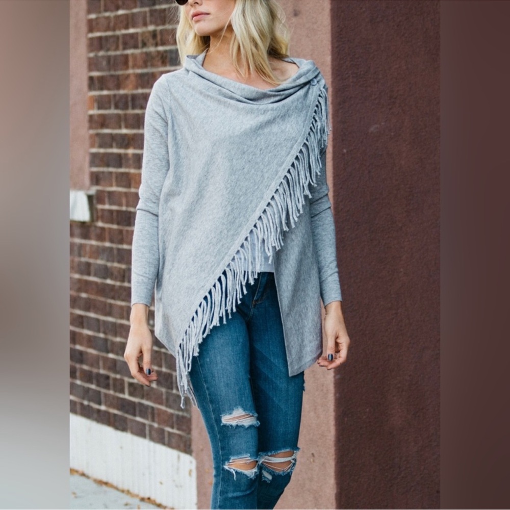 Duffield Lane Fringe Button Wrap Cardigan Gray Size Medium